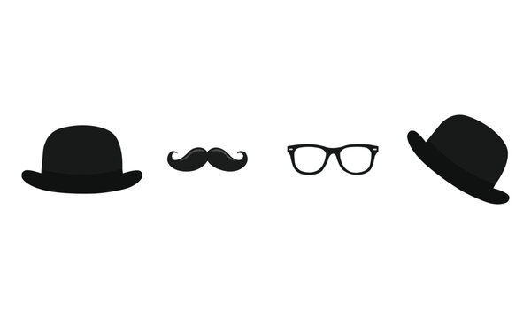 Set of black silhouette icons for international mens day including bowler hats mustache and glasses