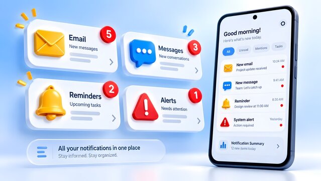 Smartphone interface displaying daily notification summary dashboard with unread email and message alerts
