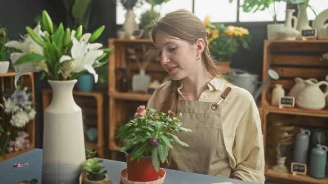 Woman florist sniffs white lily in a ceramic vase, hand touching petals and face visible, wearing apron amid potted plants and vases on wooden shelves in studio; calm.