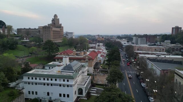 Aerial view of historic downtown richmond streets.