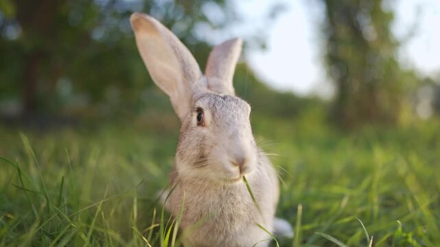 A rabbit sits in the sun, munching on grass. The rabbit looks around in the warm sun, enjoying the vibrant green of the sunlit meadow.