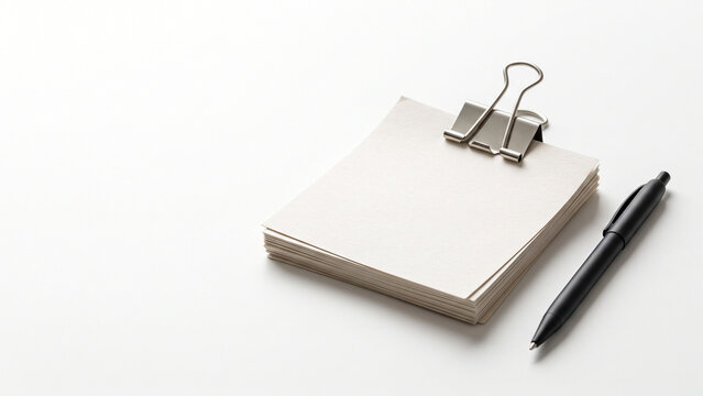 Blank paper stack with binder clip and black pen on white background
