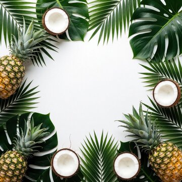 Tropical frame with green palm leaves, fresh pineapple, coconut halves on white background. Summer exotic fruits, foliage create natural border for text. Perfect layout for beach vacation travel ads