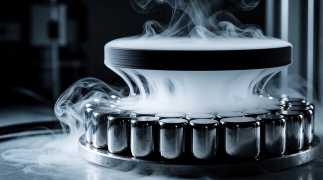 Black superconductor disc hovers above magnets generating cold vapor. Levitating object shows quantum effect in lab. Dry ice gas creates cool sci-fi atmosphere.