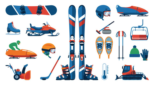Flat Design Winter Sports Equipment and Accessories Vector Illustration