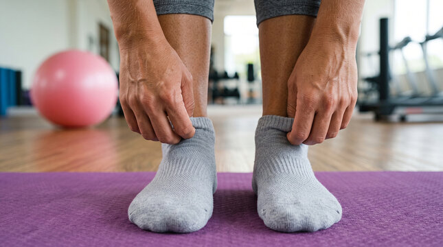 Faceless woman putting on grey socks on purple mat before workout in fitness gym
