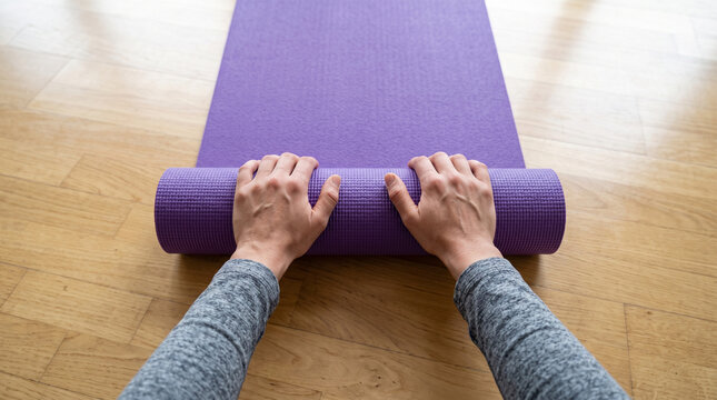 Faceless woman rolling purple yoga mat on wooden floor after workout in fitness studio