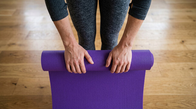 Faceless woman rolling purple yoga mat on wooden floor after workout in fitness studio