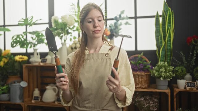 Woman florist in apron examines a trowel and cultivator with hands raised among potted plants and wicker basket in a studio; contemplative decision.