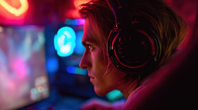pro gamer man in headphones live streaming while playing online computer game, neon lights, esports,  gaming, monitor, play, young, player, internet, enjoyment, cyber,