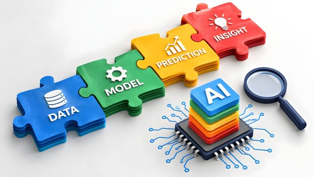 3D colorful puzzle pieces illustrating AI workflow from data model to prediction and insight with microchip