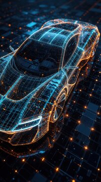 Wireframe view of futuristic concept auto design. Blue orange lines trace vehicle body structure on dark grid plane. Shows advanced smart transport tech for modern future.