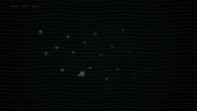 Glowing circular markers scattered over a dark background with faint horizontal lines suggest a looping motion graphics overlay.