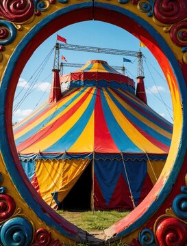 Colorful striped circus tent looms behind a decorative ornamental ring. Big top entertainment venue with open entrance stands on green grass under blue sky.