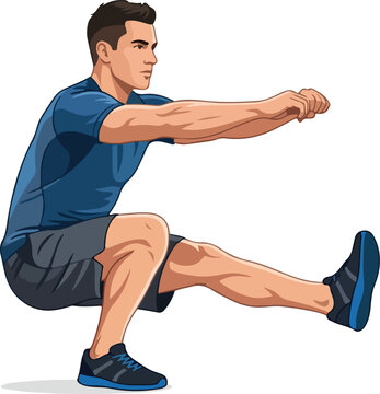 Man performing a single leg squat exercise on a white background