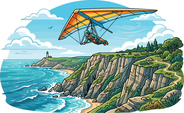 Person hang gliding over coastal cliffs and ocean landscape