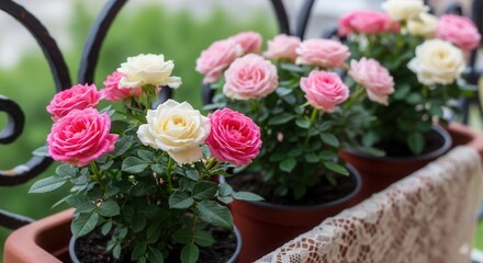 Obraz premium Delicate Pink And White Roses Blooming In Pots On A Balcony With A Railing