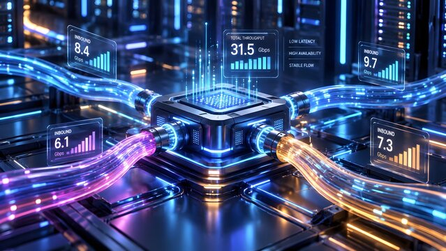 High tech glowing microchip processor connecting network cables with digital data throughput dashboard