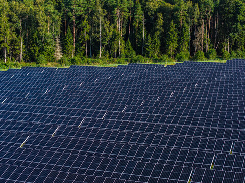 Aerial view of a large solar panel farm bordered by a dense forest in Targale, Ventspils Municipality, Latvia.