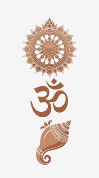 Decorative Hindu symbols Om Shankha Chakra Namam illustration for spiritual or cultural design. Brown intricate religious art perfect for cards banners and textile.