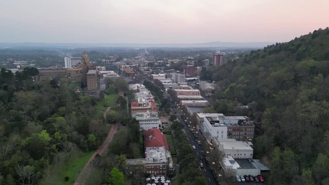 Aerial view of downtown asheville at dusk.