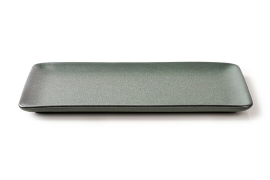 Empty Rectangular Dark Green Ceramic Plate , Elegant minimalist tableware for food presentation, isolated on a white background.