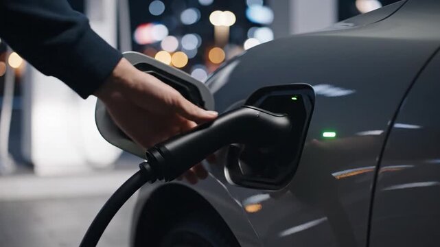 Close-up of a person connecting an EV charging cable to a modern electric car at night, illustrating electric mobility, clean transportation and charging technology.