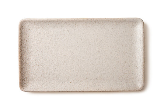 Flat lay studio shot of  modern rectangular ceramic tray with textured cream-white speckled finish. Minimalist tableware for food presentation, isolated on white background.