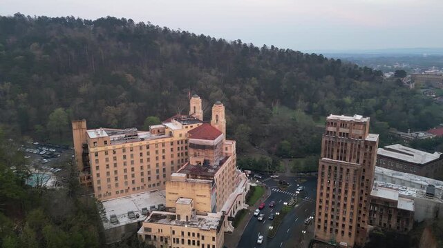 Aerial view of atlanta&rsquo;s downtown and forested surroundings.