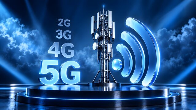 Glowing 5G telecommunication tower on futuristic stage representing mobile network technology evolution