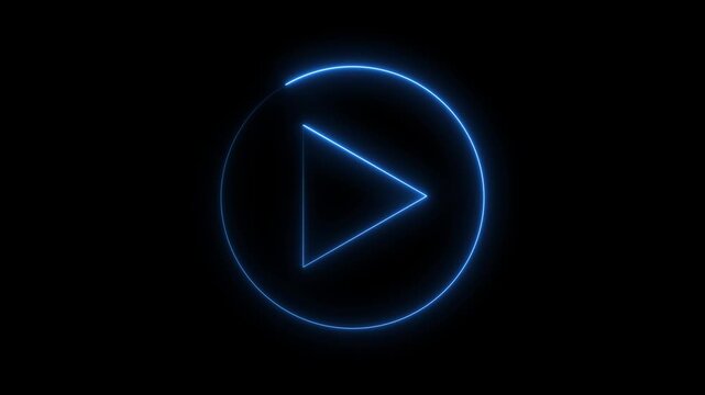 Neon play button glowing circle on black background.