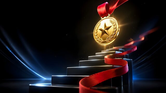 Golden award medal with star and red ribbon hovering over black stairs representing business success and achievement.
