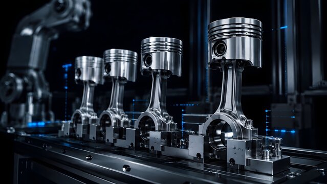 High-tech automotive manufacturing assembly line with shiny metal engine pistons and futuristic digital holographic blueprints.