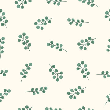 Minimalist eucalyptus leaf branch seamless pattern on off-white background. Elegant green botanical foliage flat illustration for nature design.