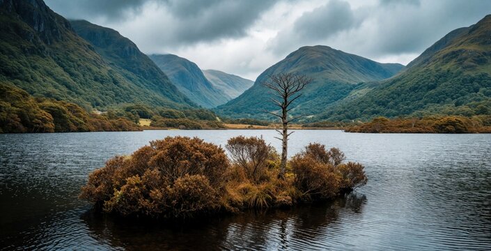 Vast lake mirrors imposing mountains under cloudy sky. Island with bare tree and bushes sits in tranquil water. Green forested slopes rise steeply around calm blue expanse.