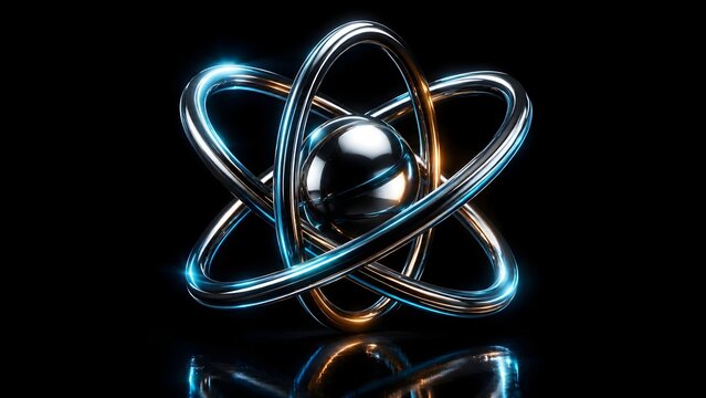 Shiny metallic atom model with glowing blue and orange light reflections representing nuclear physics and advanced scientific research.