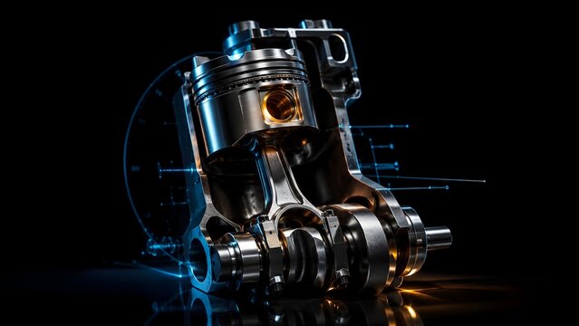 Cross-section of a shiny metallic automotive engine piston and crankshaft with glowing blue digital blueprints representing mechanical engineering.