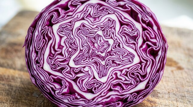 Close up of a vibrant red cabbage cut in half revealing intricate patterns.