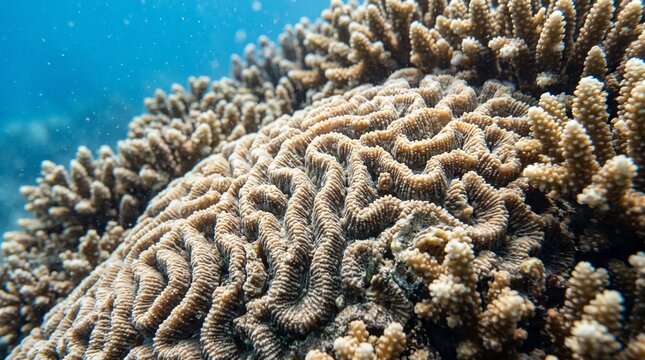 Underwater macro shot of brain coral texture on a tropical ocean reef