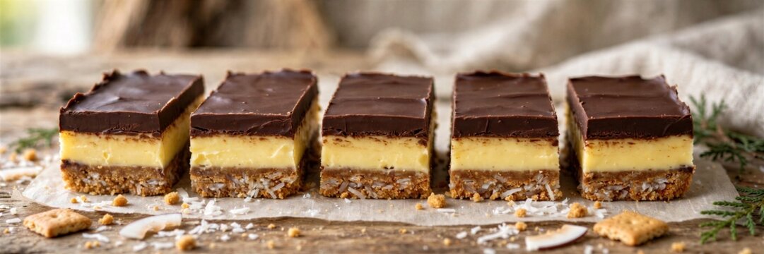 Nanaimo Bars Rustic Arranged on Rustic Dessert Table Food Photography