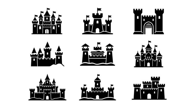 Collection of castle silhouettes on white.