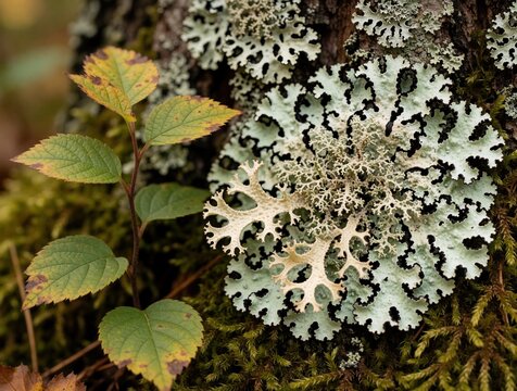 Macro shot of tree bark covered in moss and lichen. Green plant with yellowing leaves grows nearby. Autumn forest setting shows natural textures.