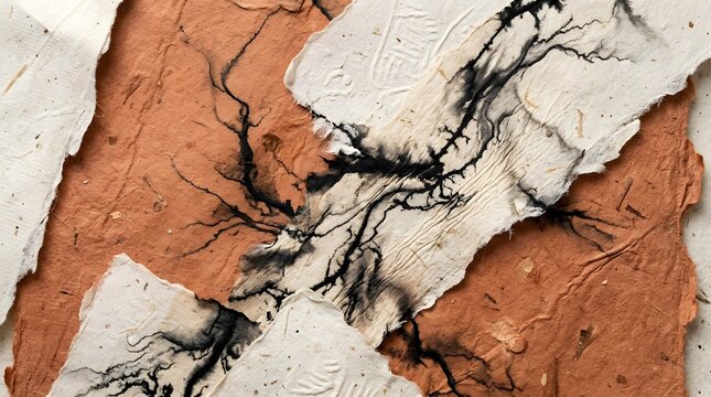 Black ink bleeding into fibrous torn paper layers with organic branching patterns organic lines ink art abstract ink paper texture
