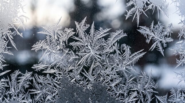 Close up of delicate ice frost patterns and crystals on frozen window glass pane in winter