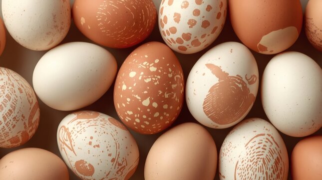 Top view of assorted organic chicken eggs with unique natural patterns and textured brown shells
