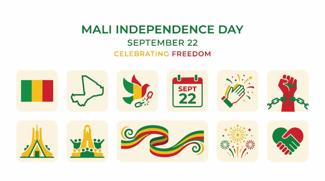 Mali independence day celebration icons with national flag and map