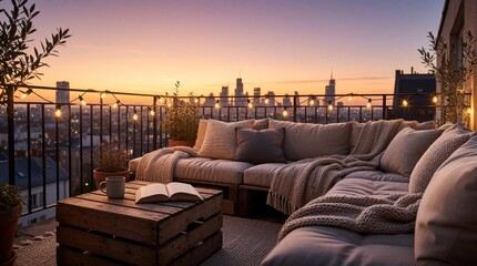 Obraz premium Cozy balcony with soft seating, warm fairy lights at sunset. Large lounge cushions, blankets, wooden table overlook urban city skyline. Relaxing terrace setup with plants creates peaceful evening