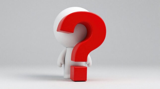 Small white cartoon character puzzled by large red question mark symbol. Character looks confused, thinking hard about a difficult problem. Represents confusion, mystery, or doubt, facing uncertainty.