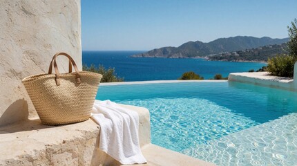Fototapeta premium Woven beach bag rests by infinity pool overlooking blue Mediterranean sea. White towel draped on stone ledge tranquil waters invite relaxation. Peaceful coastal landscape, bright sunny day.