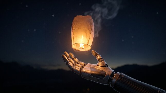 Robotic hand releasing a paper lantern into the night sky